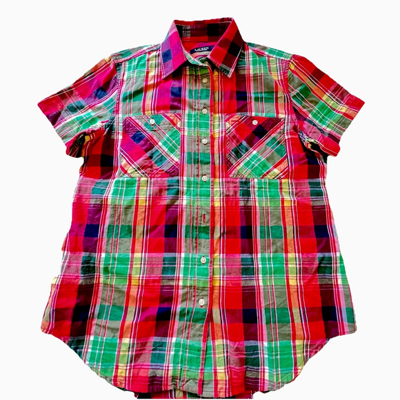 Polo Ralph Lauren Madras Plaid Cotton Short Sleeve Button Down Shirt Size Medium - Picture 1 of 8